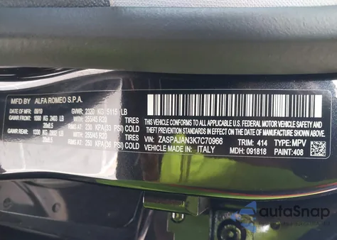 2019 Alfa Romeo Stelvio Rwd z USA, uszkodzony, nr VIN ZASPAJAN3K7C70966